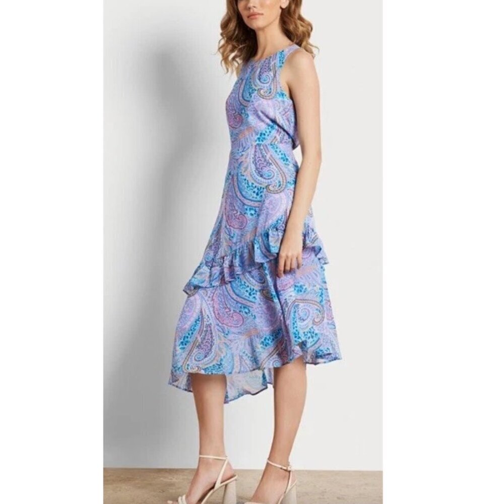 Sam Edelman Dress Size 10 Midi Ruffle Blue Multi Asymmetrical Paisley